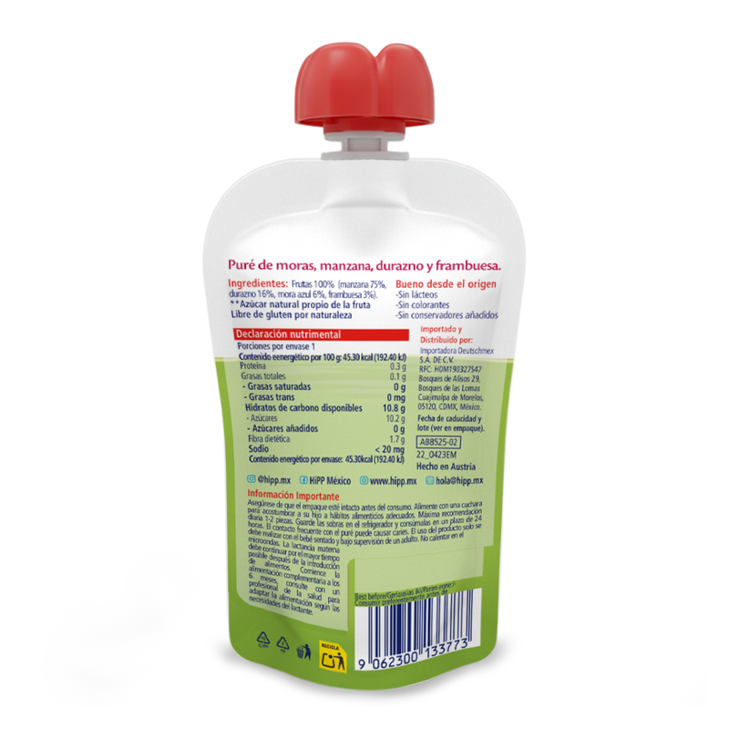 HiPP - 8 Pack - Pouch Papilla Moras, Manzana, Durazno y  Frambuesa