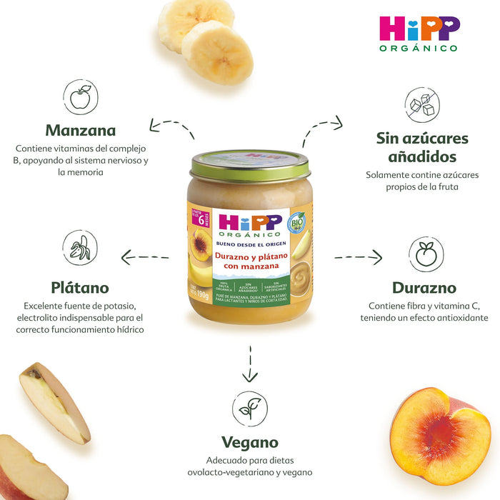 HiPP - 6 Pack - Papilla Orgánica de Durazno y Plátano con  Manzana