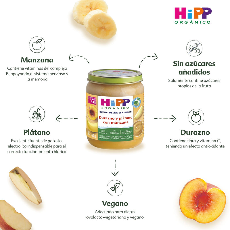 HiPP - 6 Pack - Papilla Orgánica de Durazno y Plátano con  Manzana