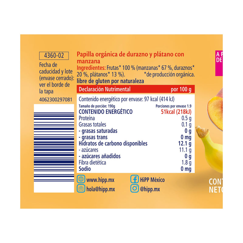 HiPP - 6 Pack - Papilla Orgánica de Durazno y Plátano con  Manzana