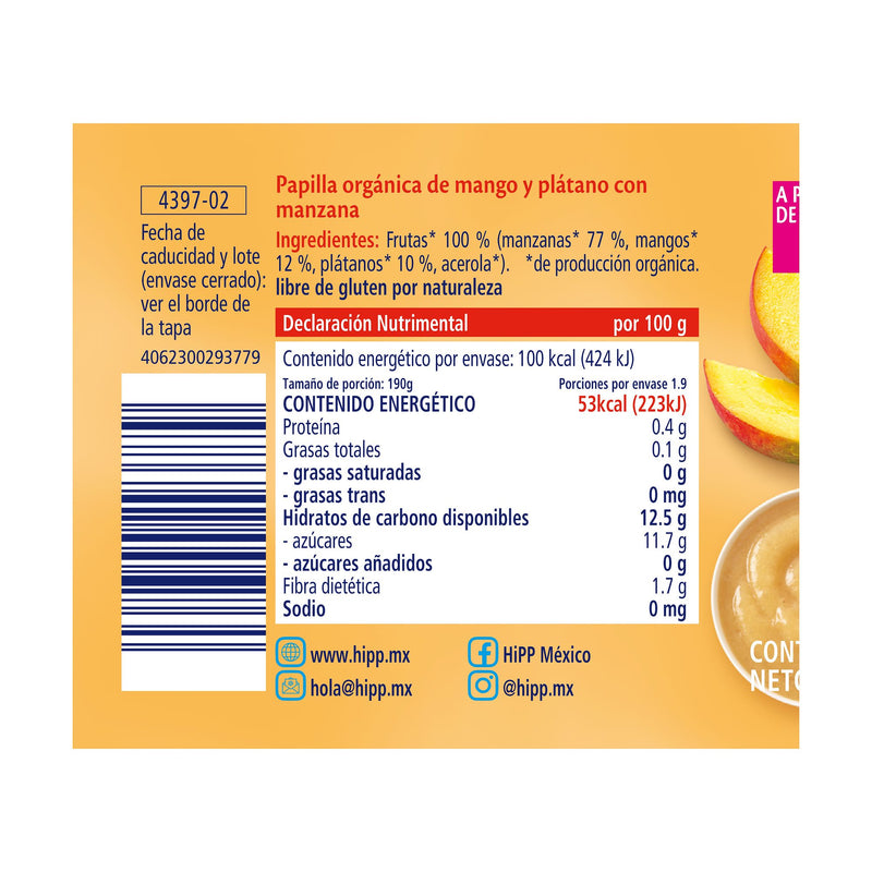 HiPP - 6 pack - Papilla Orgánica de Mango y Plátano con  Manzana