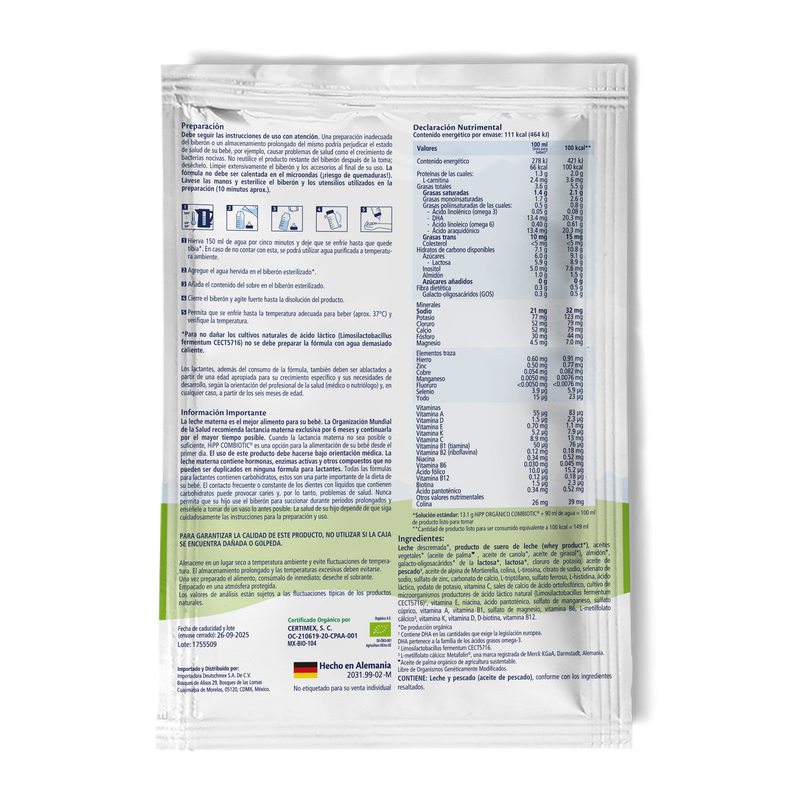 HiPP - Travel Pack 12 sobres (22g c/u) - Fórmula HiPP Orgánico Combiotic Etapa 0 a 12 meses