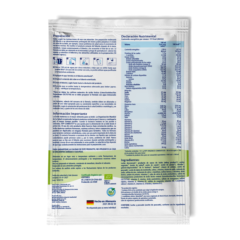 HiPP - Travel Pack 12 sobres (22g c/u) - Fórmula HiPP Orgánico Combiotic 0-12 meses